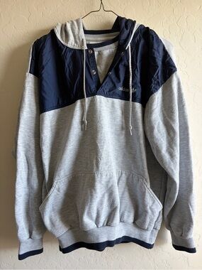 Vintage adidas Grey and Navy Hooded Pullover Sweatshirt
